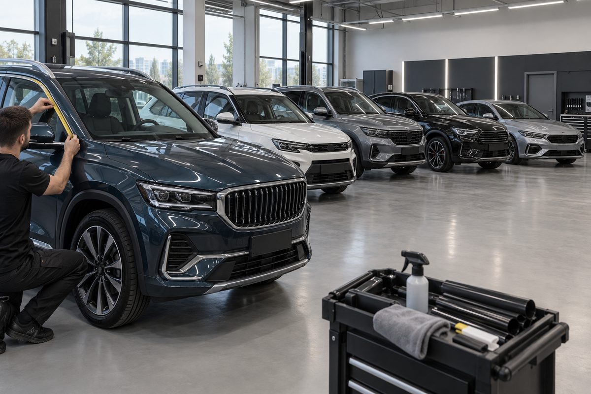 Пять моделей Geely без шильдиков в студии перед замером хромированных деталей для антихрома