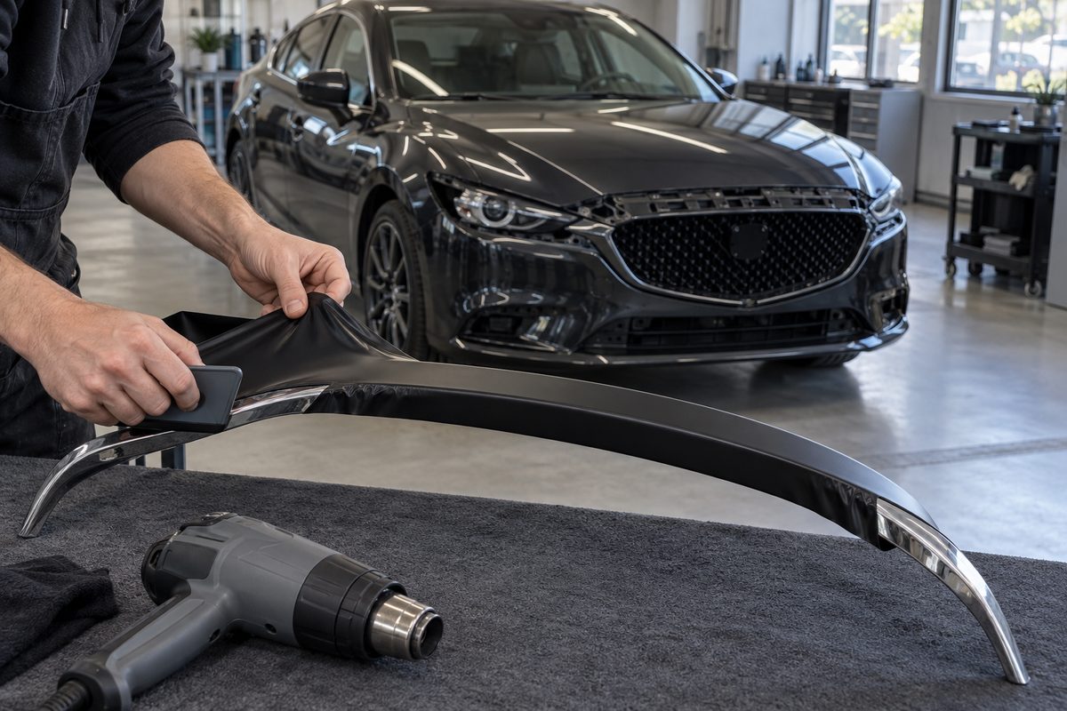Мастер прогревает чёрную плёнку на снятом изогнутом «крыле» решётки Mazda 6 GJ