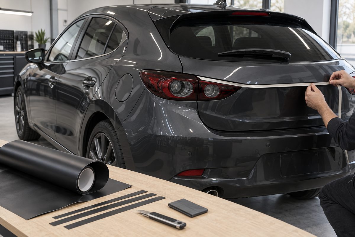 Мастер измеряет задний молдинг Mazda 3 рядом с рулоном чёрной плёнки и узкими полосами