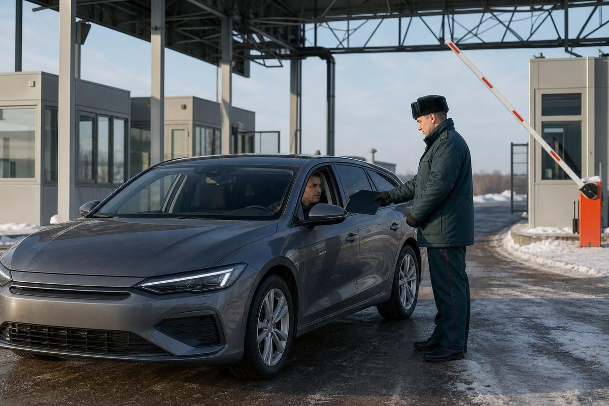 Инспектор проверяет временно ввезённый автомобиль с прозрачными передними и тёмными задними стёклами