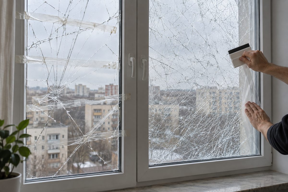 Прозрачная плёнка удерживает треснувшее стекло целиком, а скотч — лишь отдельными полосами