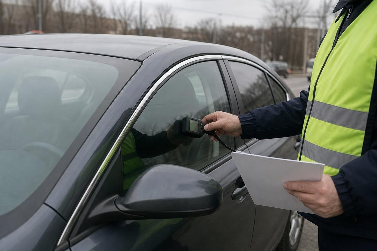 Инспектор измеряет светопропускание переднего бокового стекла автомобиля прибором