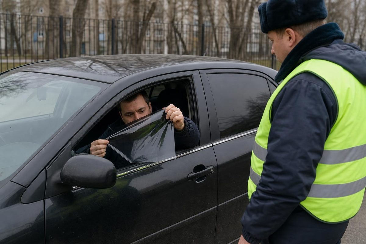 Водитель снимает тонировочную плёнку с переднего стекла под контролем инспектора