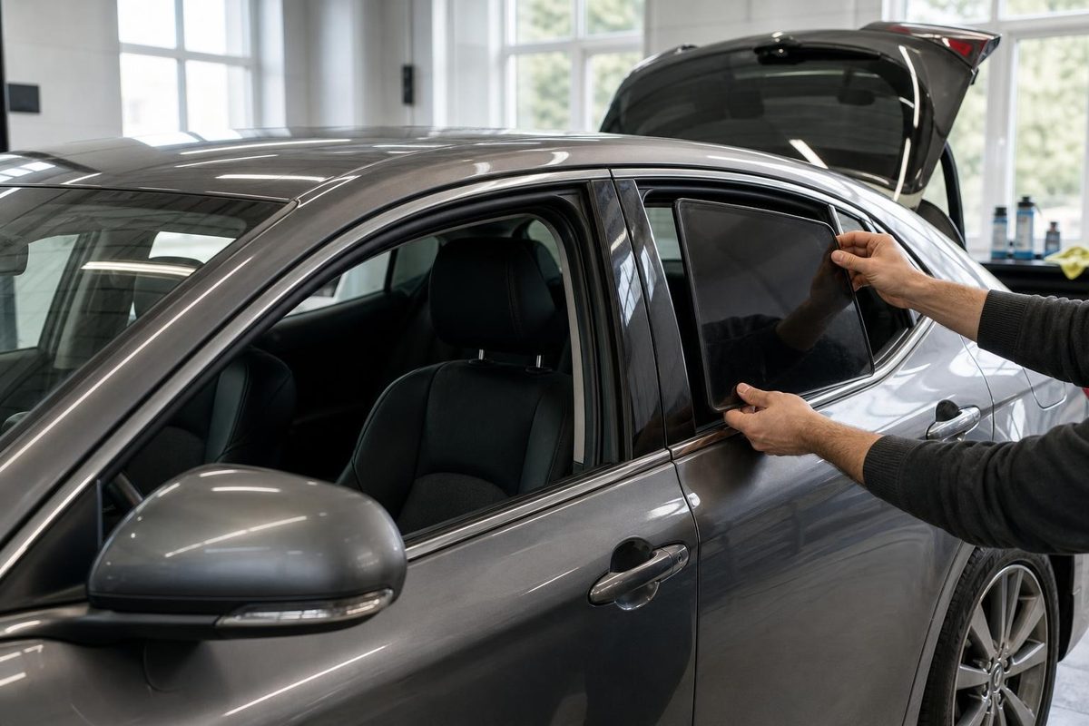 Мастер устанавливает съёмную тонировочную вставку в проём заднего окна автомобиля