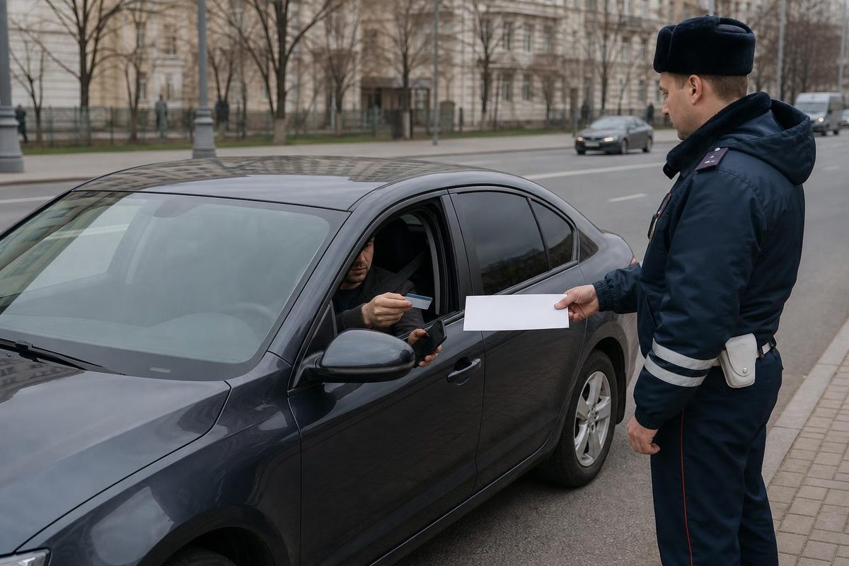Инспектор передаёт водителю постановление о штрафе за тонировку на городской улице