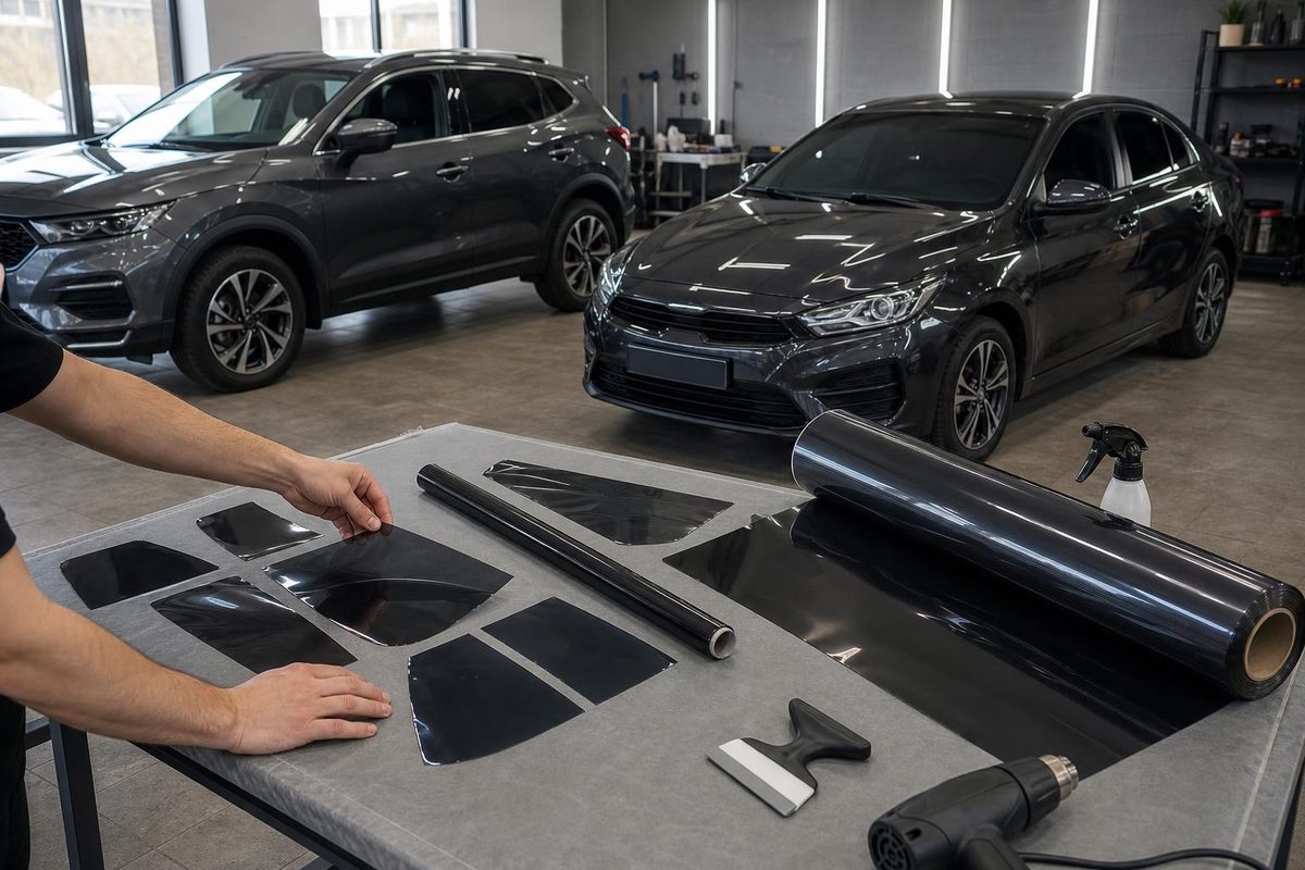 Мастер раскладывает отрезы и рулоны автоплёнки рядом с легковым автомобилем и кроссовером