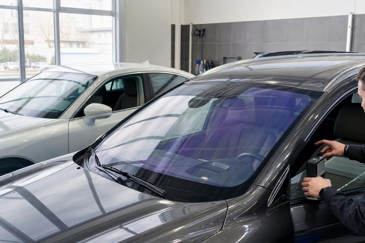 Мастер сравнивает светопропускание заводских стёкол двух автомобилей в светлой студии