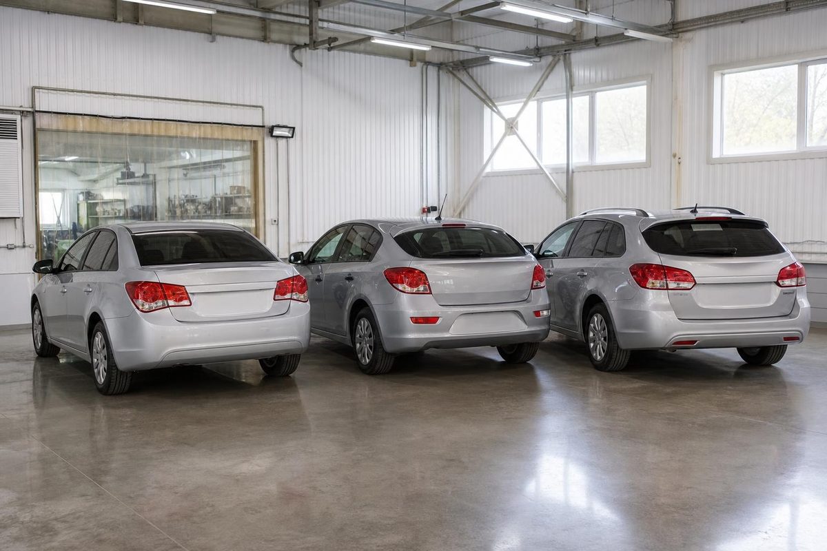 Седан, хэтчбек и универсал Chevrolet Cruze J300 показаны сзади в светлой детейлинг-студии