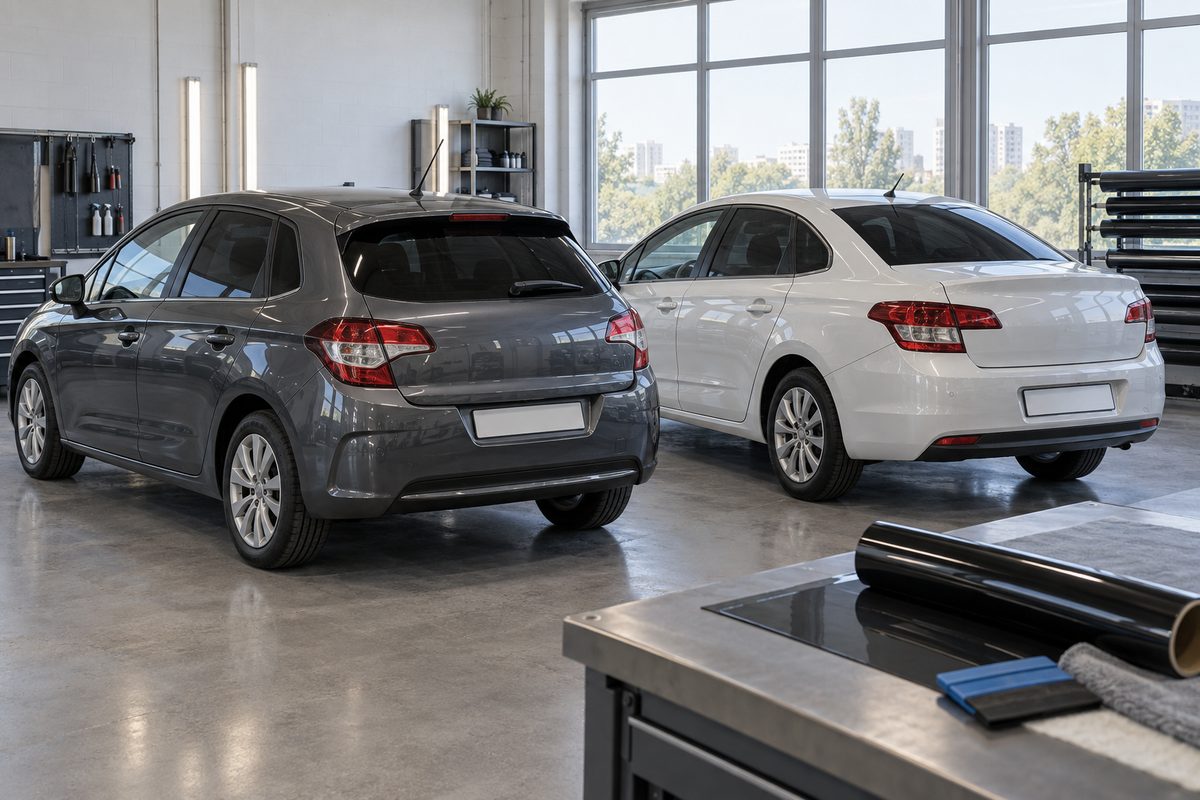 Хэтчбек и седан Citroën C4 без эмблем стоят рядом для сравнения формы кузова и окон
