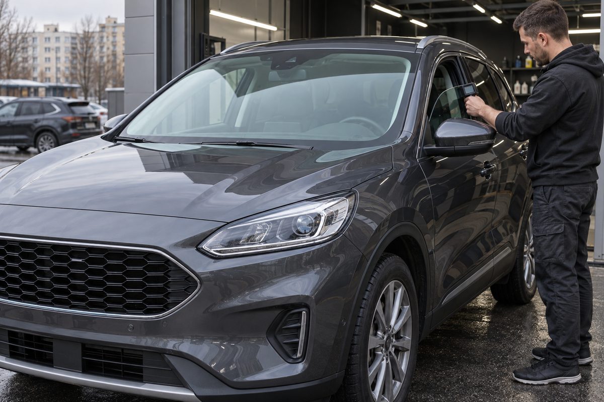 Замер светопропускания переднего стекла Ford Kuga с прозрачным лобовым и чистыми фарами