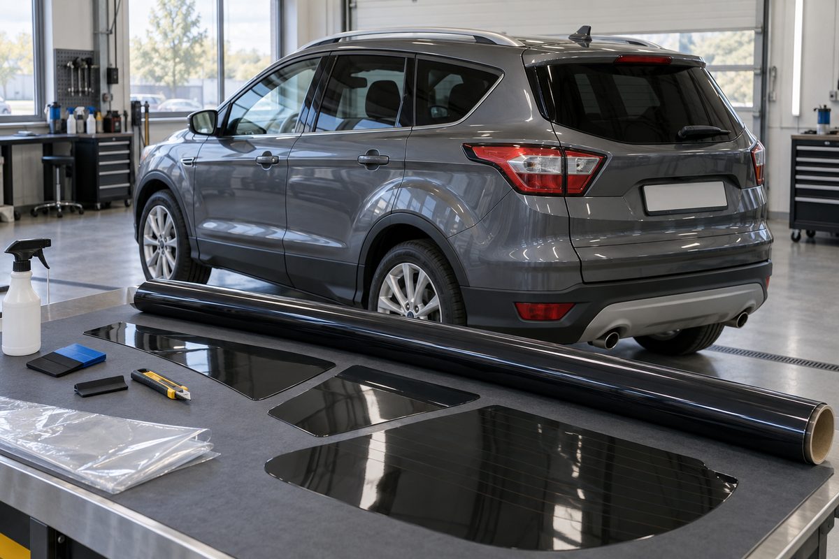 Рулон тонировочной плёнки и раскроенные листы для задней полусферы Ford Kuga в студии