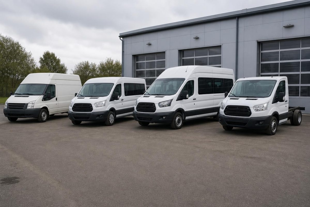 Линейка Ford Transit разных поколений: фургон, Комби, микроавтобус и шасси у сервиса