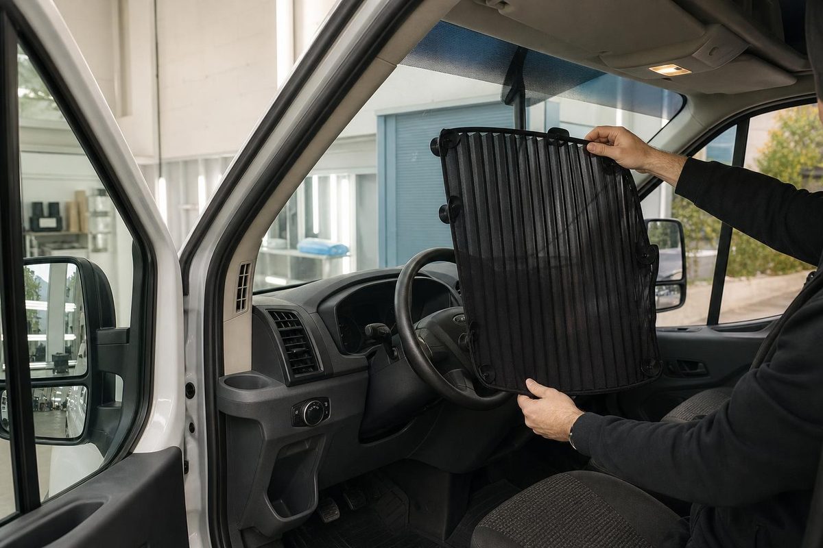 Мастер снимает шторку на присосках в кабине Ford Transit с прозрачными передними стёклами