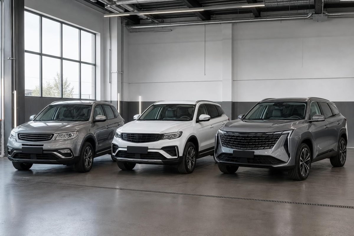 Три поколения Geely Atlas без эмблем стоят рядом в светлой студии тонировки