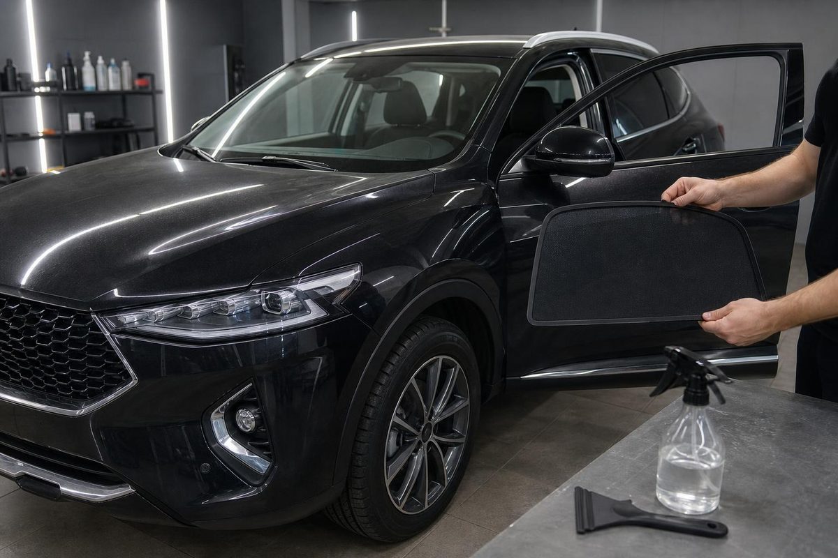 Мастер держит съёмный жёсткий экран у передней двери Haval F7 с прозрачными противотуманками