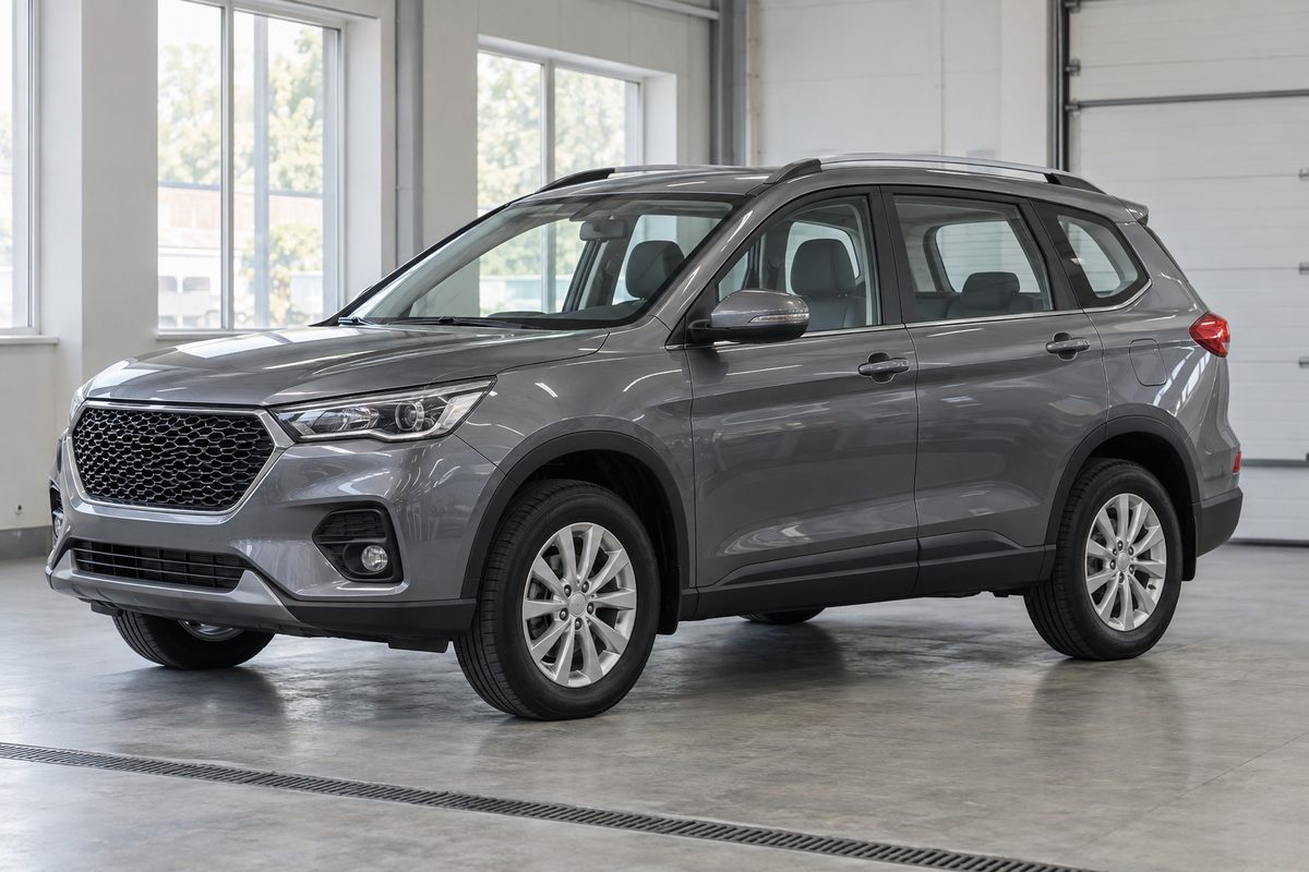 Серый кроссовер Haval M6 без эмблем стоит в светлой студии с прозрачными задними стёклами