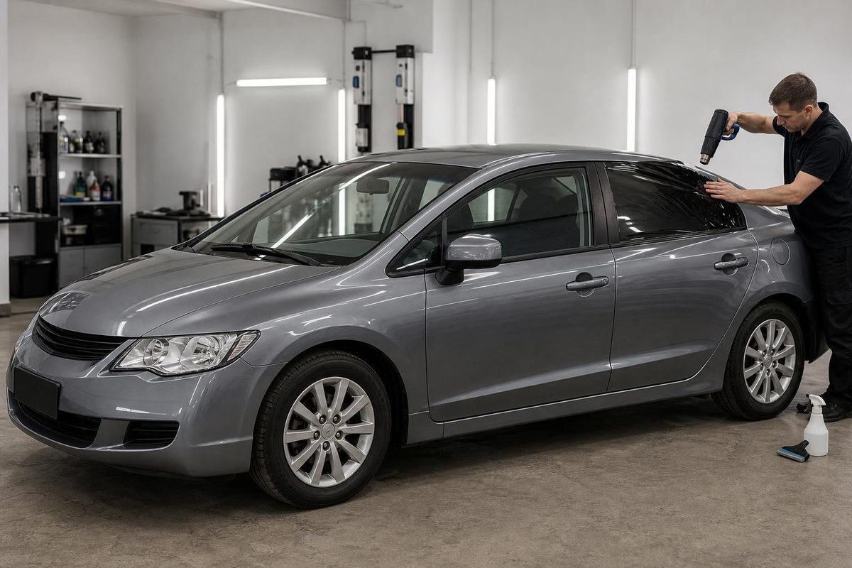 Мастер формует феном плёнку на заднем стекле седана Civic 4D с прозрачным лобовым