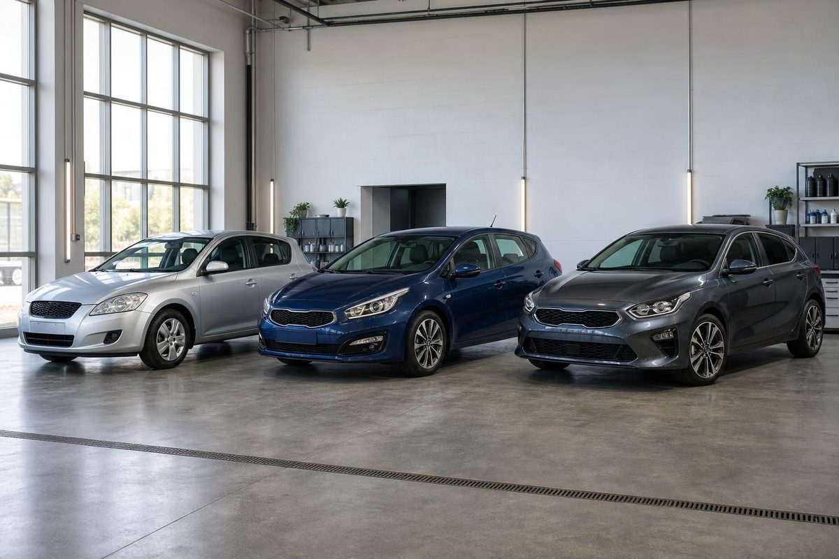Три поколения Kia Ceed без эмблем стоят в ряд в светлой детейлинг-студии