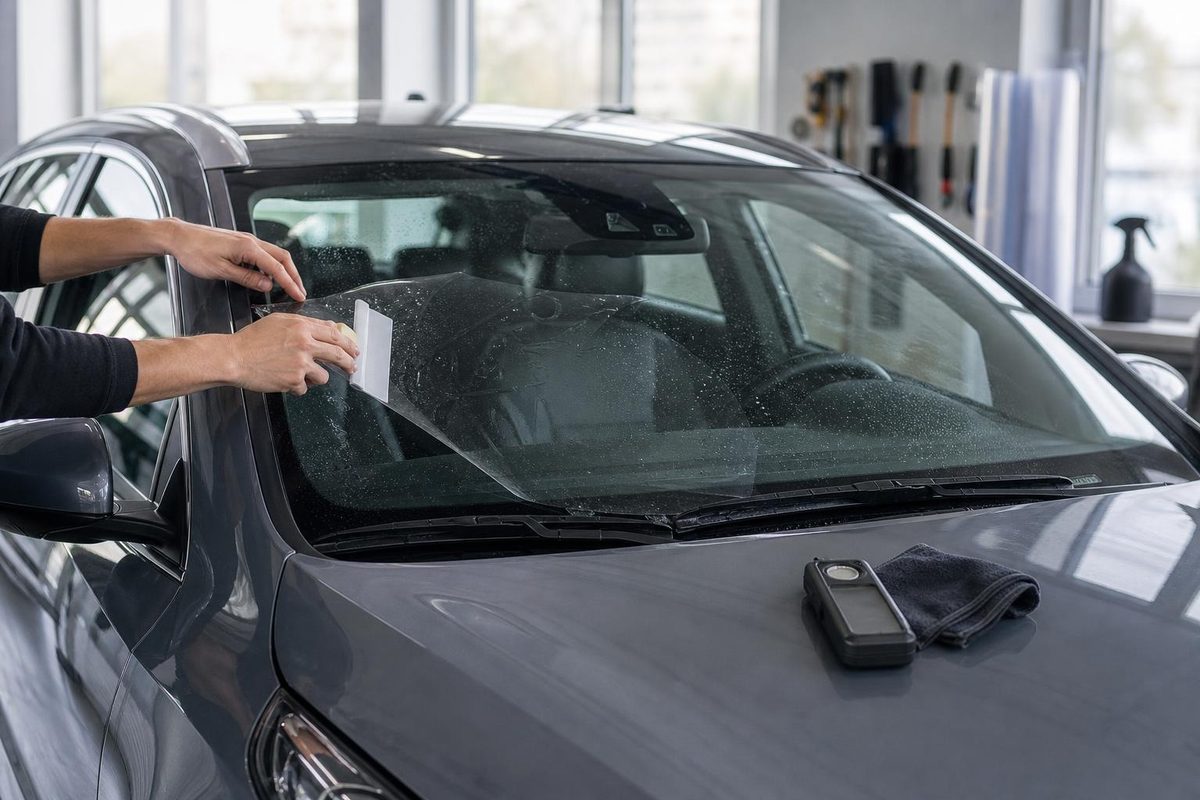Монтаж светлой атермальной плёнки на прозрачное лобовое стекло Kia Ceed без эмблем