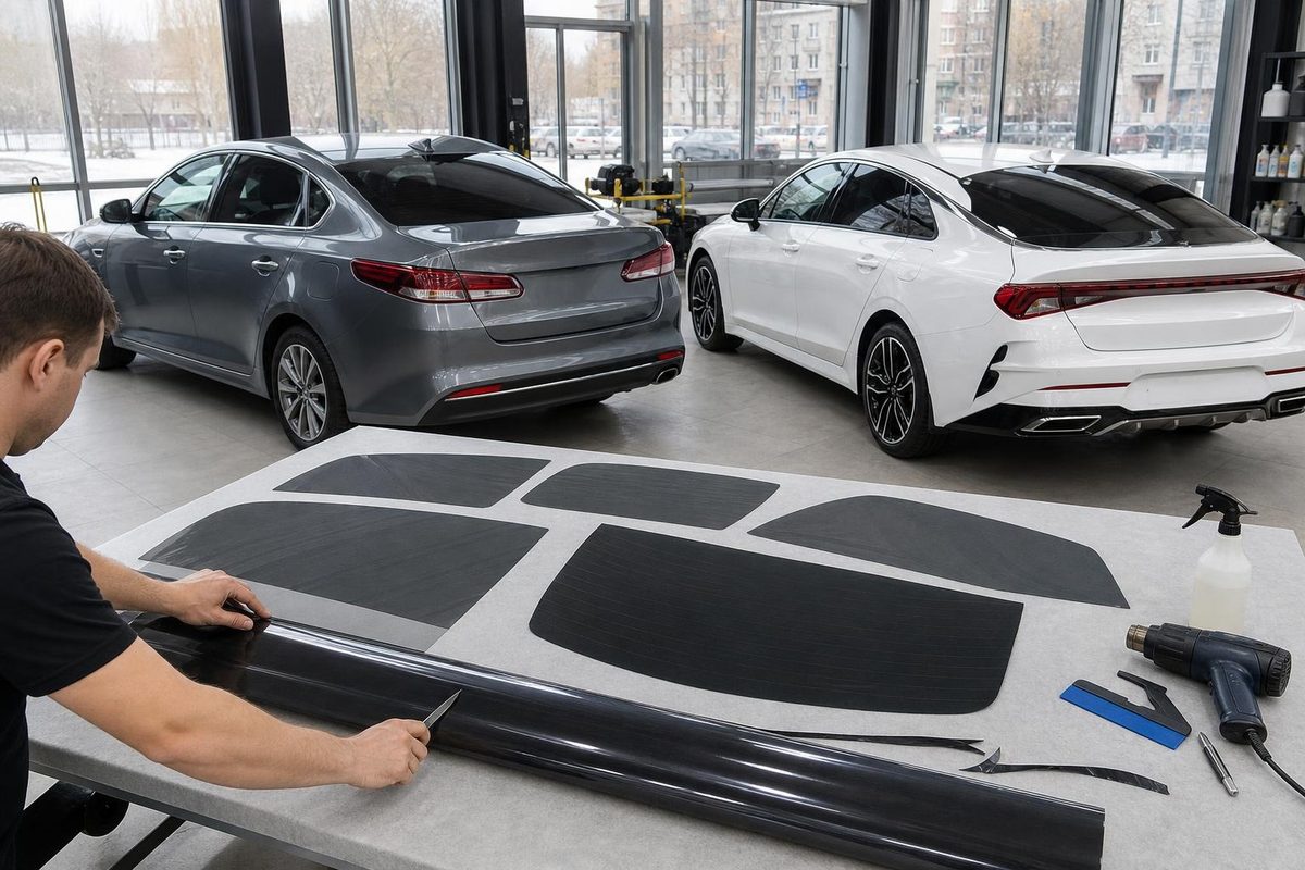 Мастер раскраивает тонировочную плёнку для седана Optima и фастбэка K5 в студии