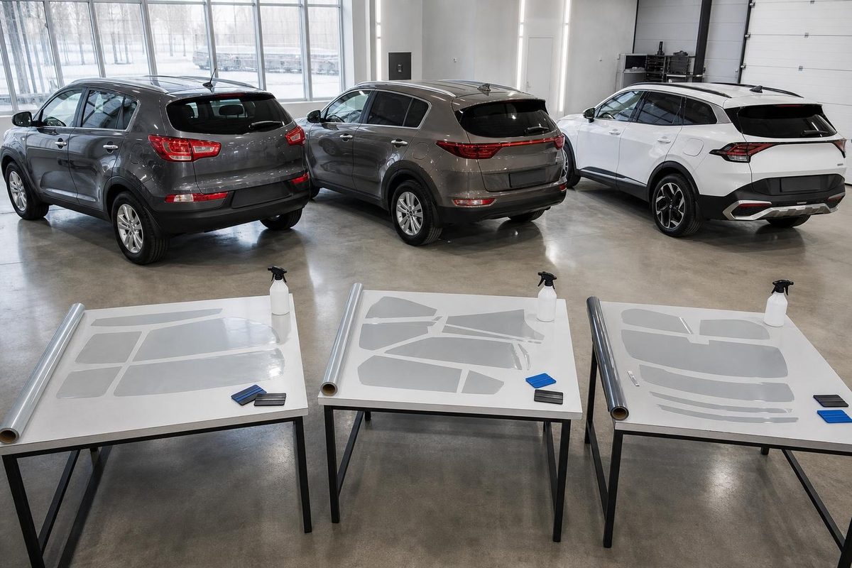 Три поколения Kia Sportage в студии с отдельными выкройками плёнки для стёкол каждого кузова