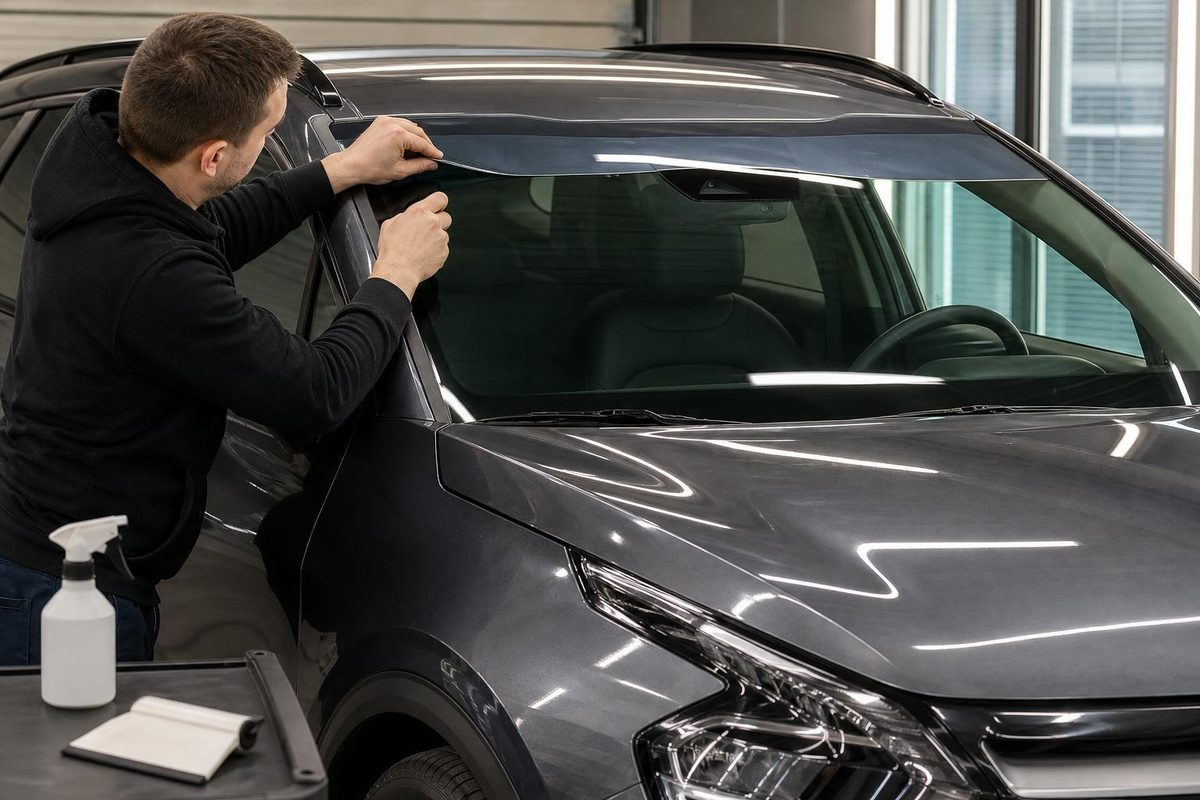 Мастер наносит узкую светозащитную полосу на лобовое Kia Sportage в обход камеры и датчиков