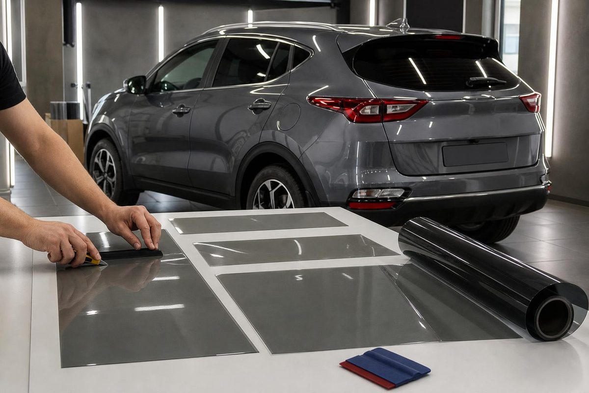 Мастер раскладывает отрезы тонировочной плёнки для стёкол кроссовера Kia Sportage