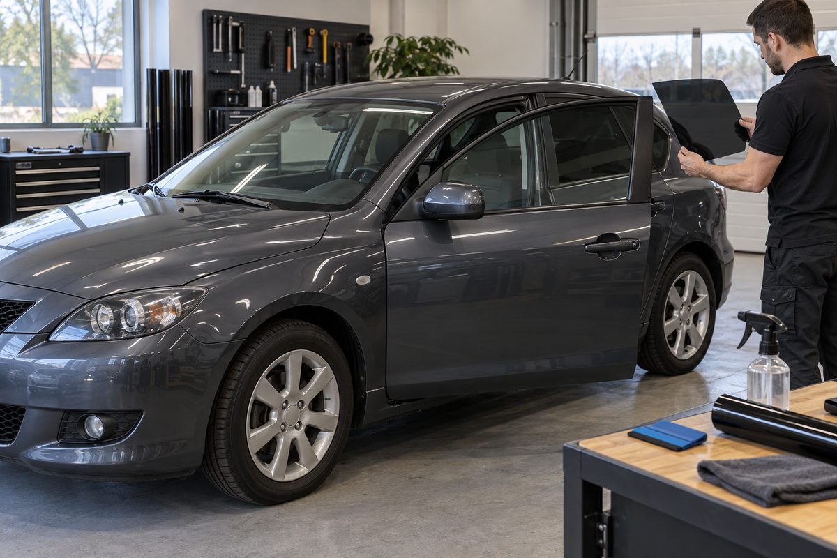 Mazda 3 BK с прозрачными передними и затемнёнными задними стёклами рядом со съёмной вставкой