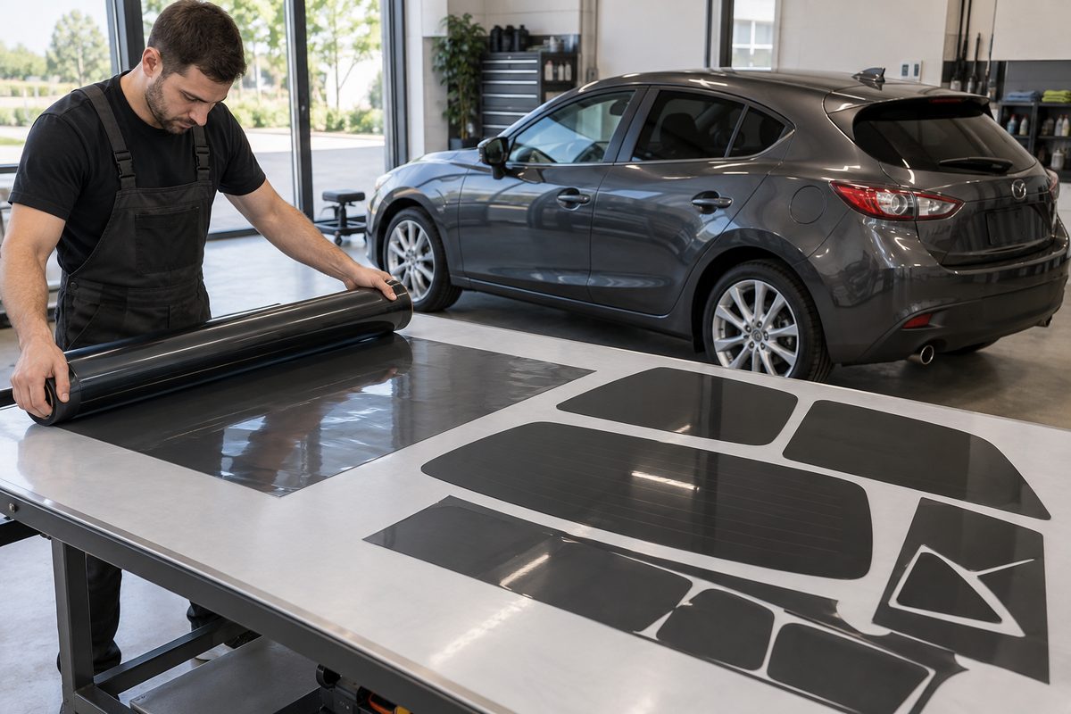 Раскрой тонировочной плёнки для стёкол Mazda 3 на столе рядом с хэтчбеком