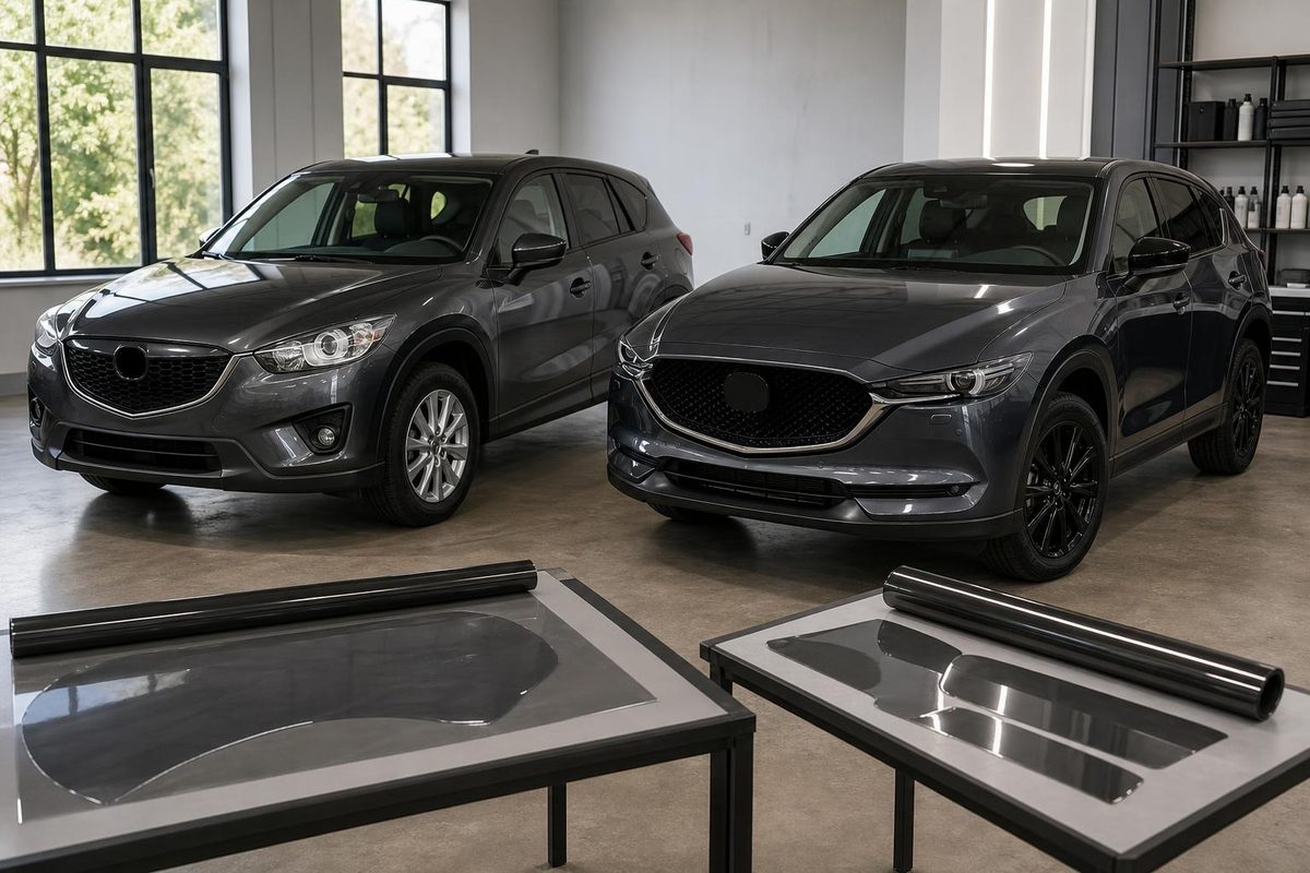 Два поколения Mazda CX-5 в детейлинг-студии рядом с разными выкройками тонировочной плёнки
