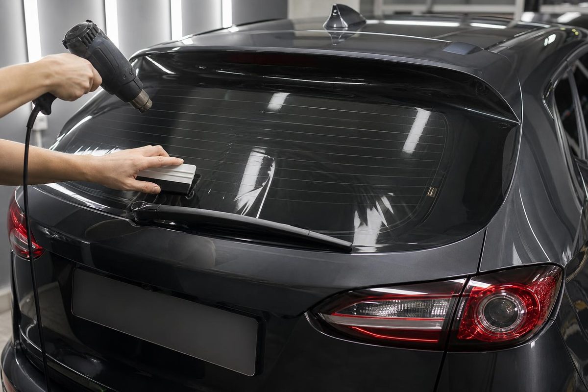 Мастер формует плёнку феном на заднем стекле Mazda CX-5 с антенной и нитями обогрева