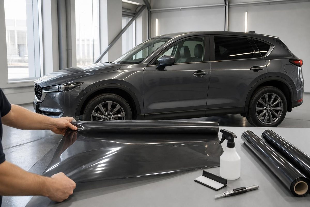 Мастер отмеряет тонировочную плёнку для Mazda CX-5 с затемнённой задней полусферой