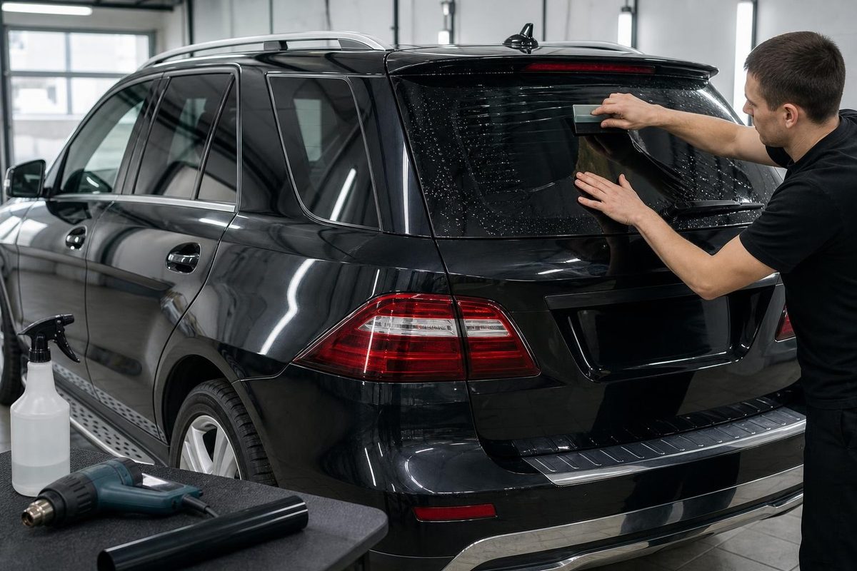 Мастер наносит керамическую плёнку на заднее стекло Mercedes ML со встроенной антенной