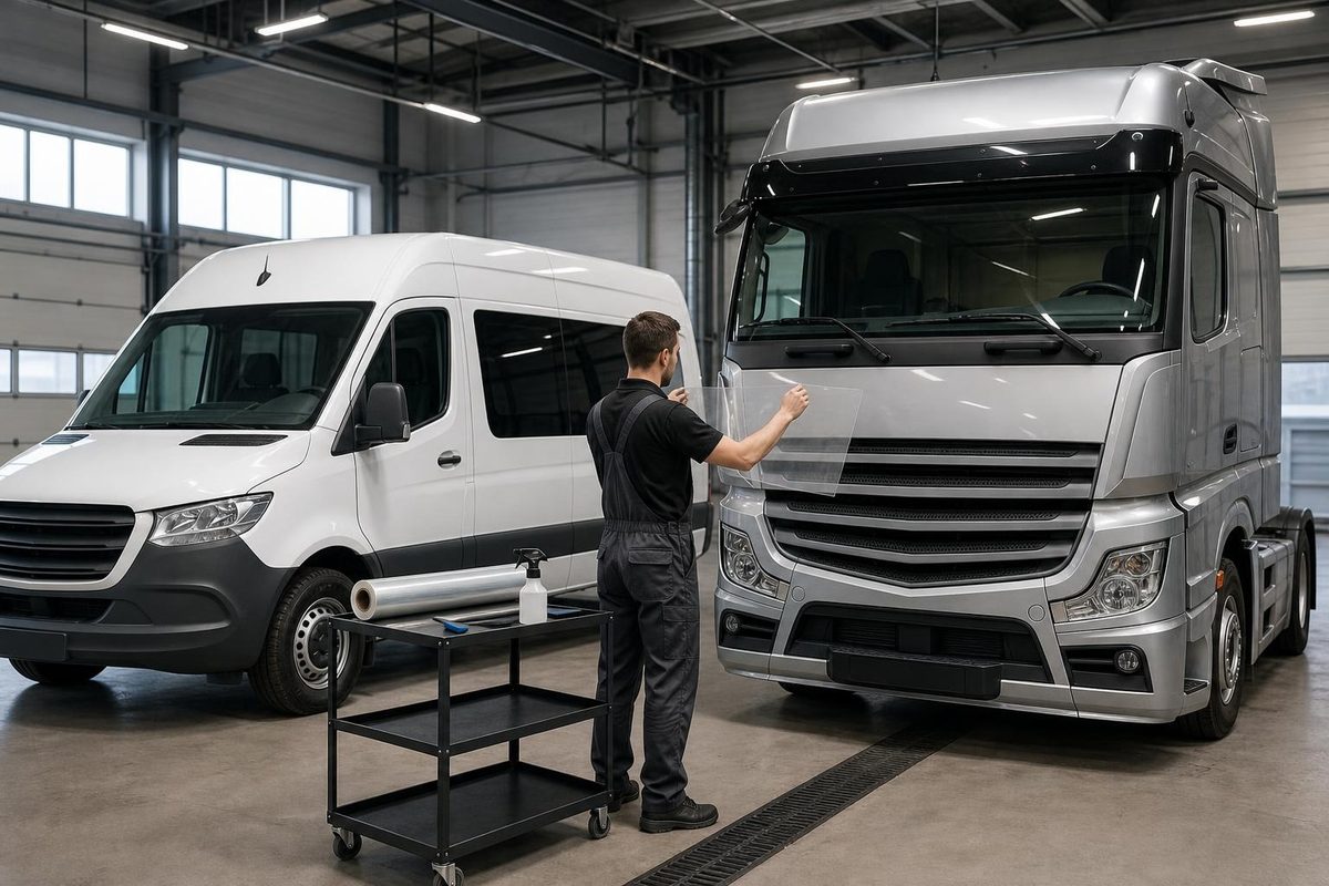 Мастер сравнивает прозрачность стёкол фургона Sprinter и грузовика Actros в чистой мастерской