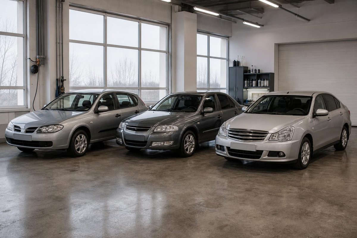 Три поколения Nissan Almera без эмблем стоят рядом в светлой студии детейлинга