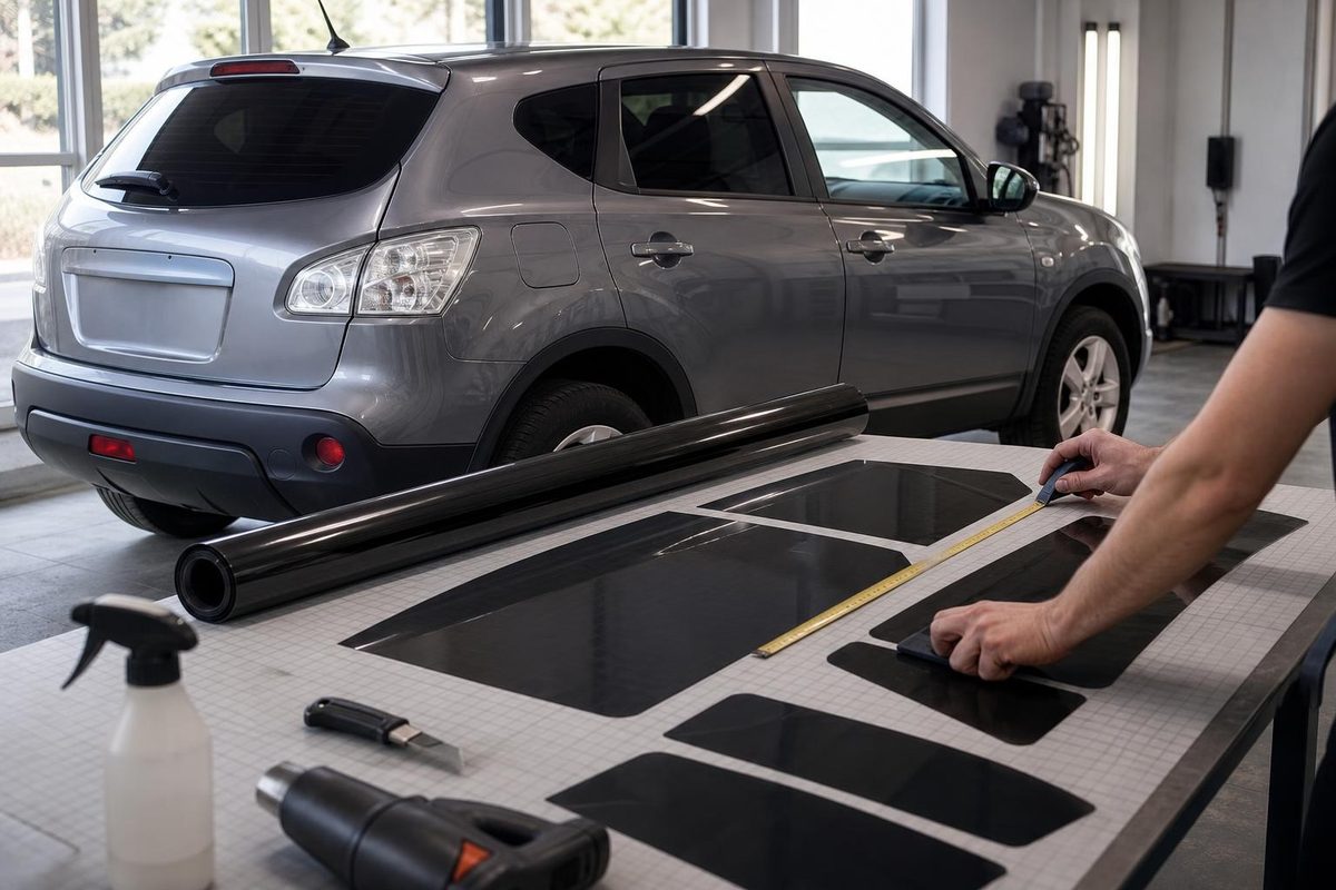 Мастер размечает плёнку для стёкол Qashqai J10 рядом с автомобилем с прозрачными фонарями