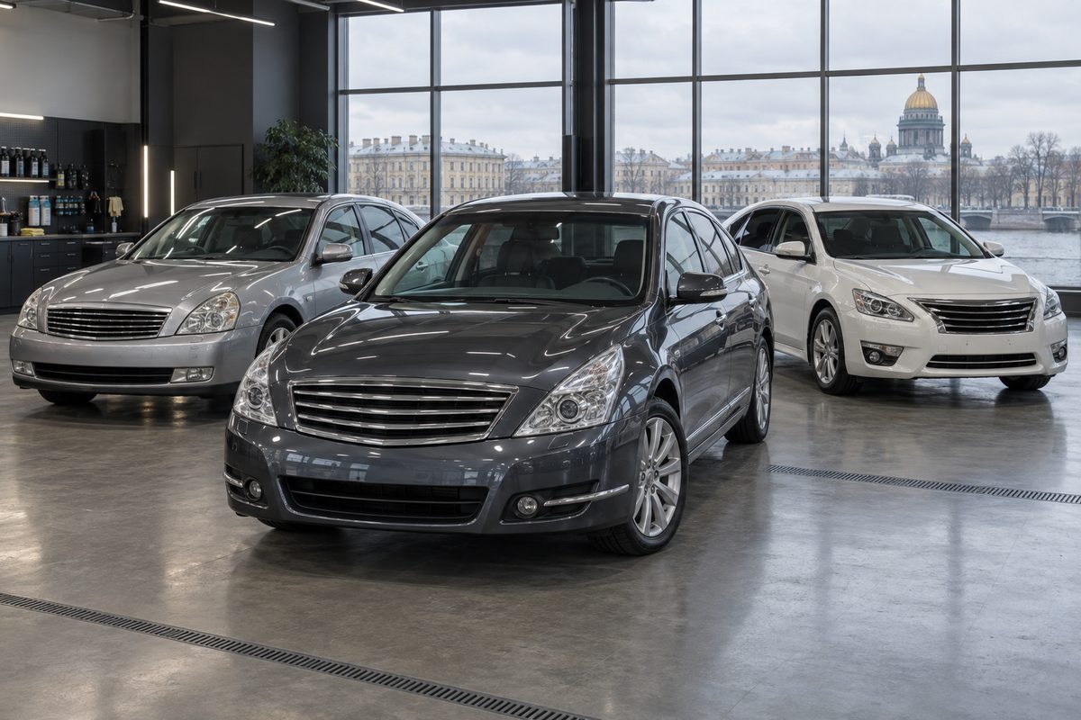 Три поколения Nissan Teana без эмблем в студии, с акцентом на популярный седан J32