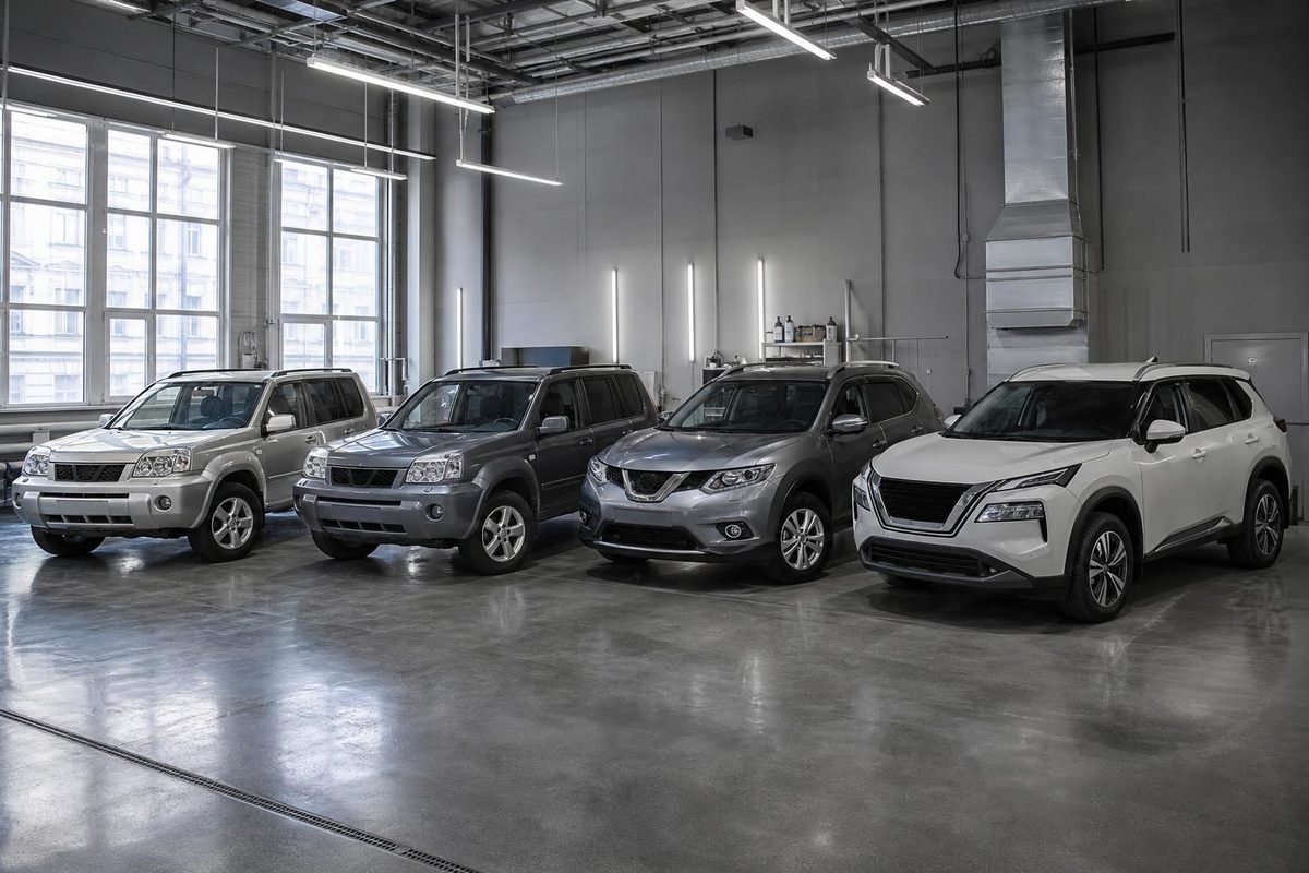 Четыре поколения Nissan X-Trail разных лет выстроены в светлой студии для сравнения кузовов