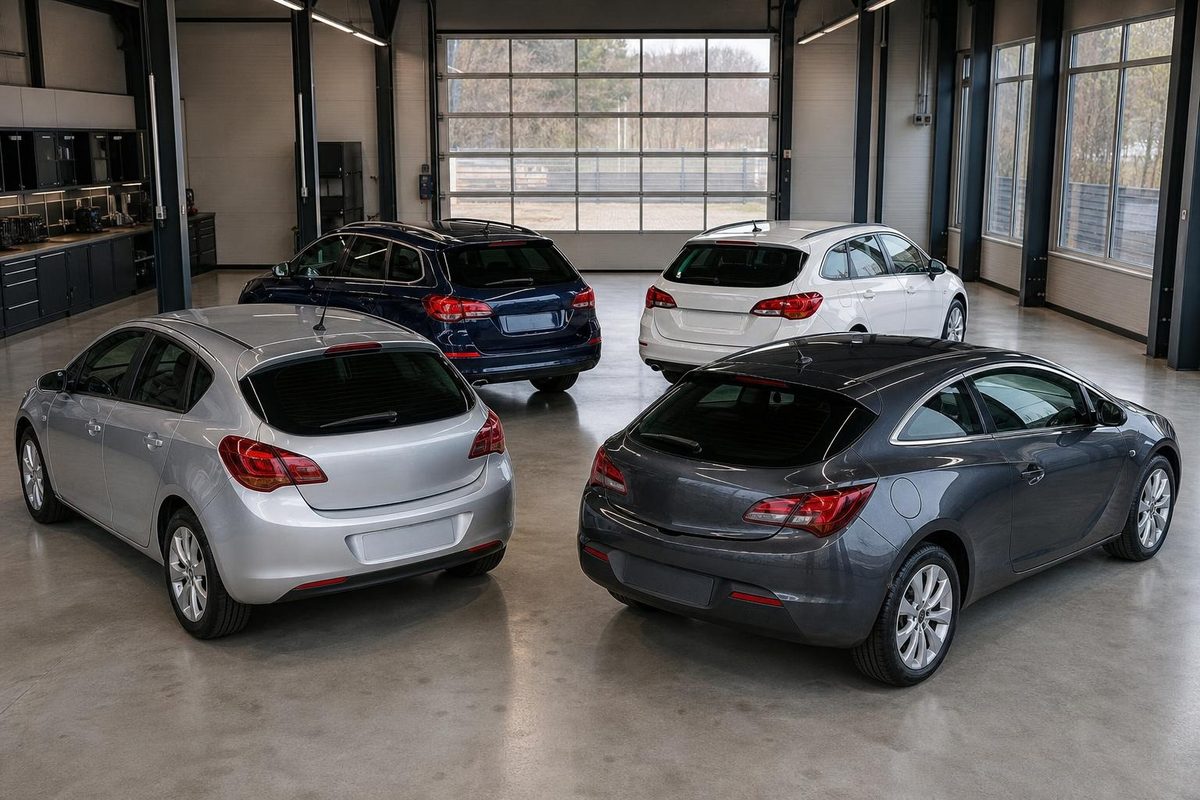 Четыре Opel Astra поколений H и J с разными кузовами и формой заднего остекления в студии