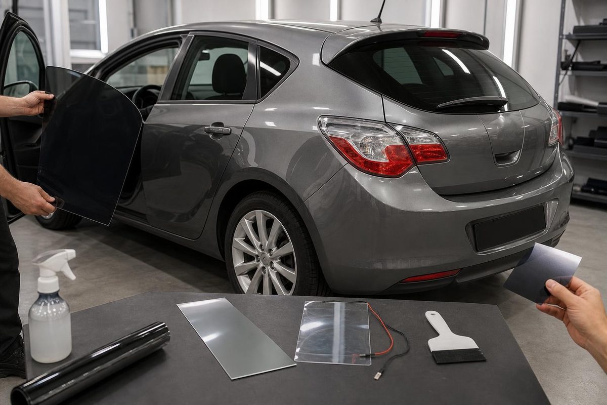 Съёмный экран и образцы плёнок рядом с Opel Astra J с прозрачными передними стёклами и фонарями