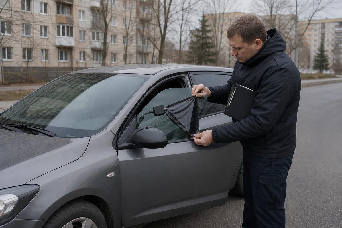 Инспектор снимает тёмную плёнку с переднего стекла седана после проверки светопропускания