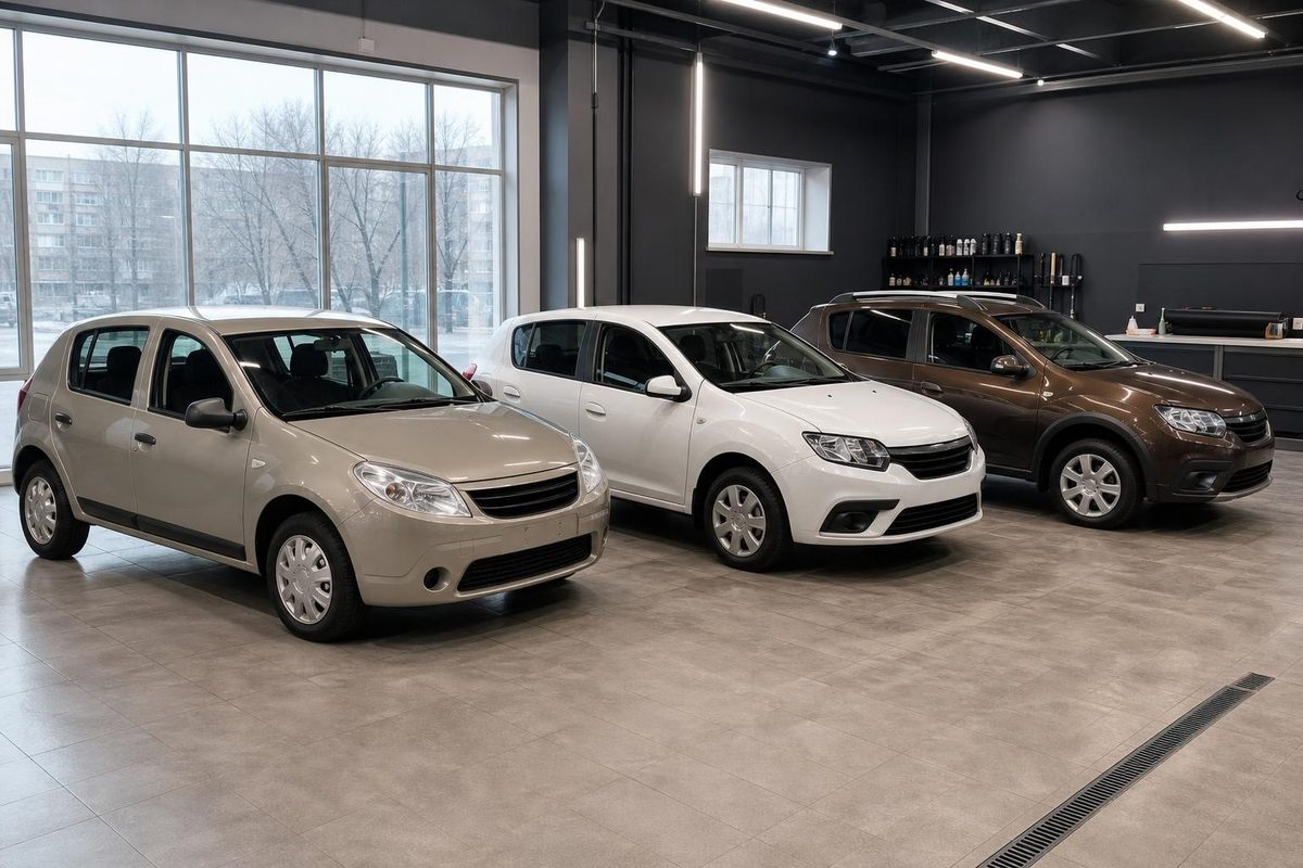 Sandero первого и второго поколений рядом с приподнятым Stepway в студии тонировки
