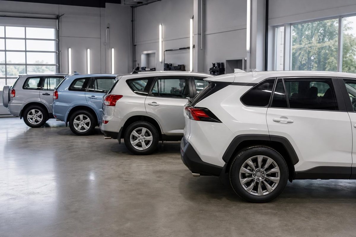 Четыре поколения кроссовера RAV4 с разной формой и степенью затемнения боковых стёкол