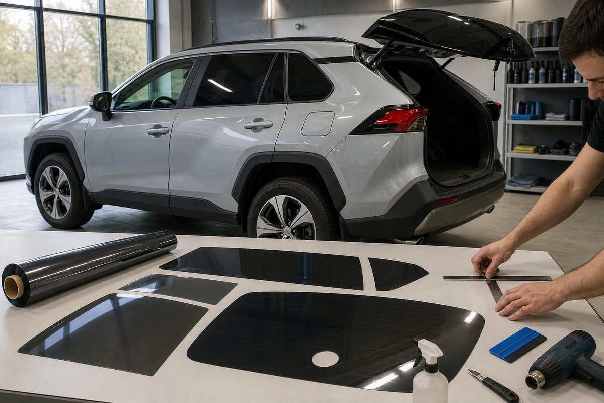Мастер раскраивает плёнку для боковых и заднего стекла кроссовера RAV4 с отверстием под дворник