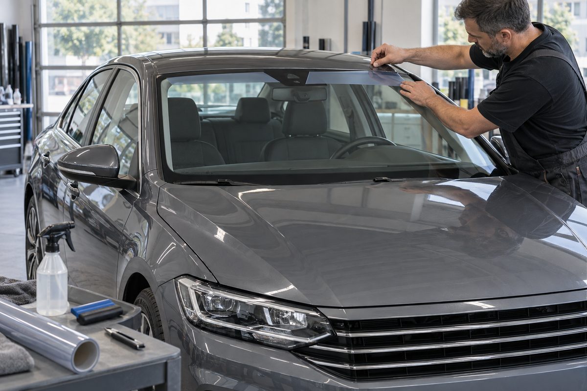 Мастер устанавливает светлую полосу на лобовое Jetta, обходя датчик и камеру