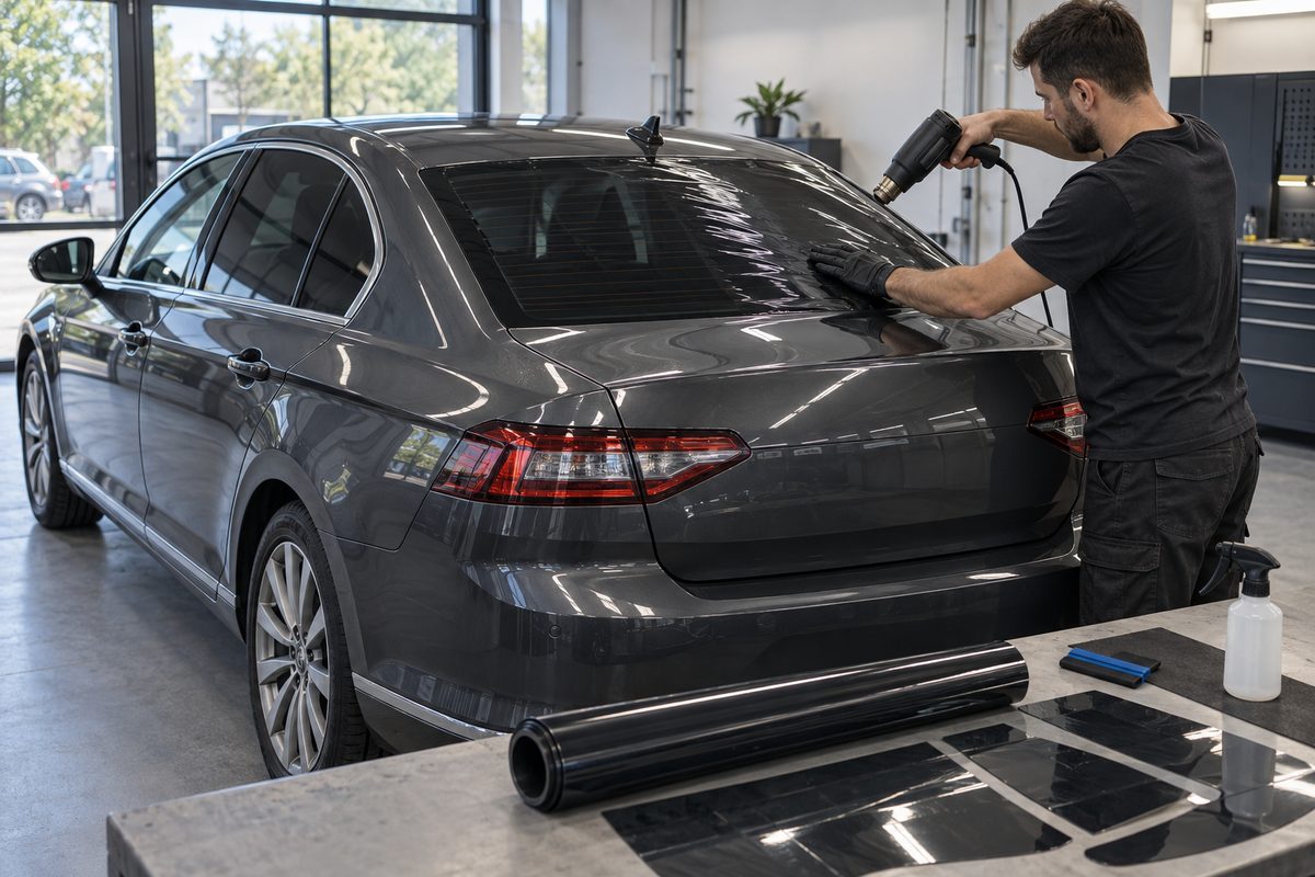 Раскрой плёнки из рулона и формовка феном на выпуклом заднем стекле седана Passat