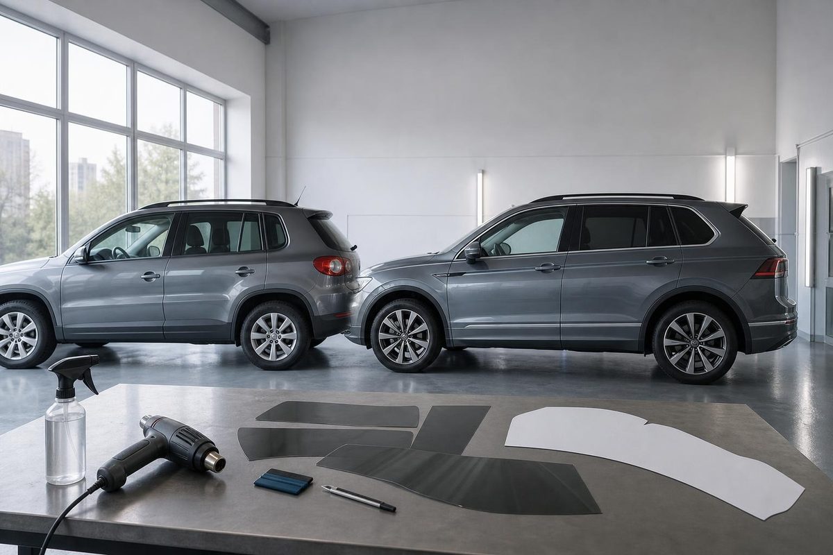 Первое и второе поколения Volkswagen Tiguan рядом с выкройками плёнки в студии тонировки