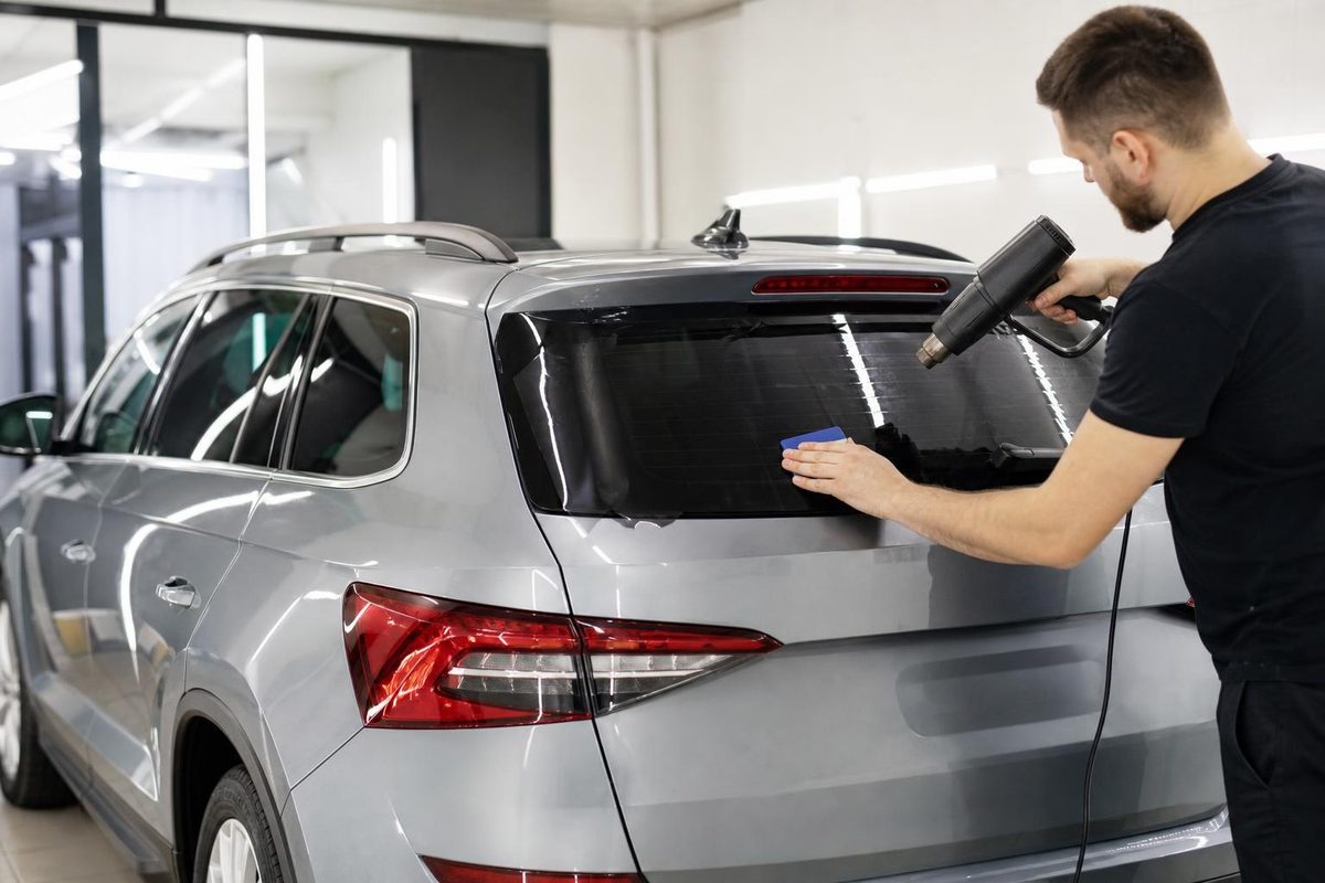 Мастер формует тонировочную плёнку на заднем стекле кроссовера с остеклением задней полусферы
