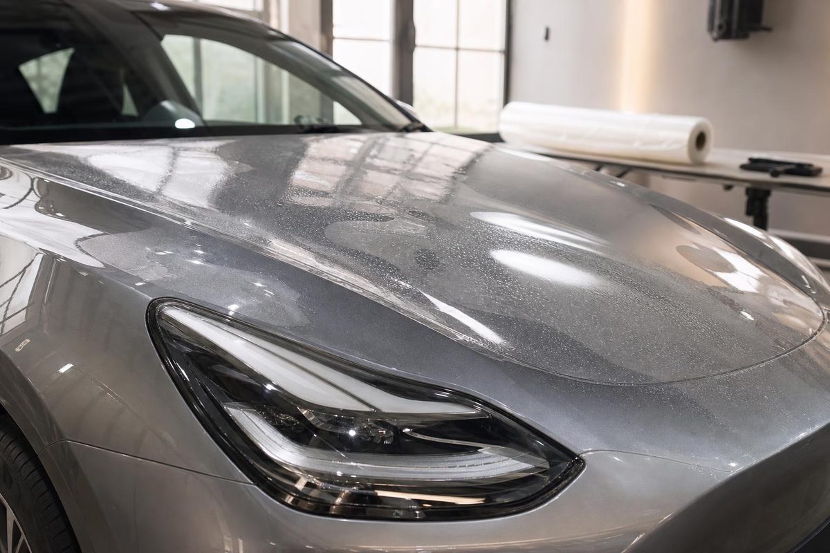 Лёгкая дымка и капли раствора под свежей полиуретановой плёнкой на капоте автомобиля