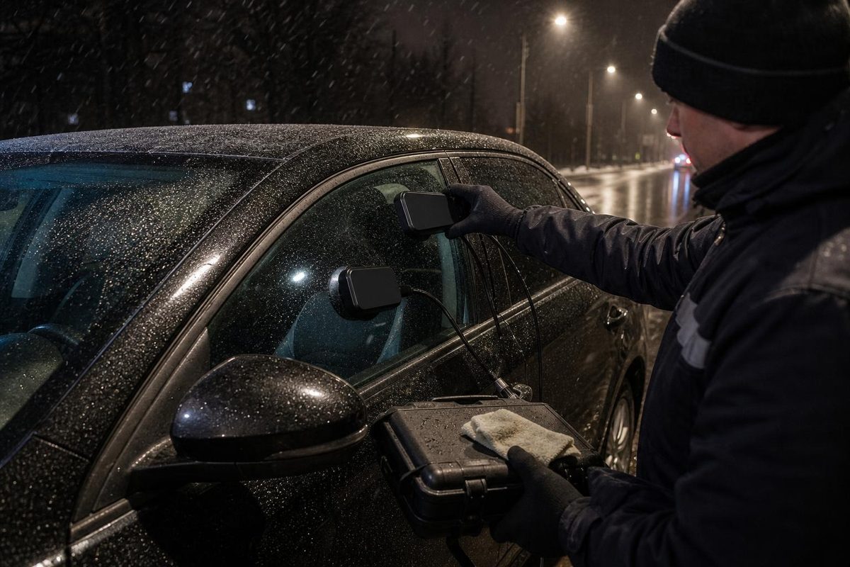 Замер светопропускания переднего бокового стекла ночью под дождём и мокрым снегом